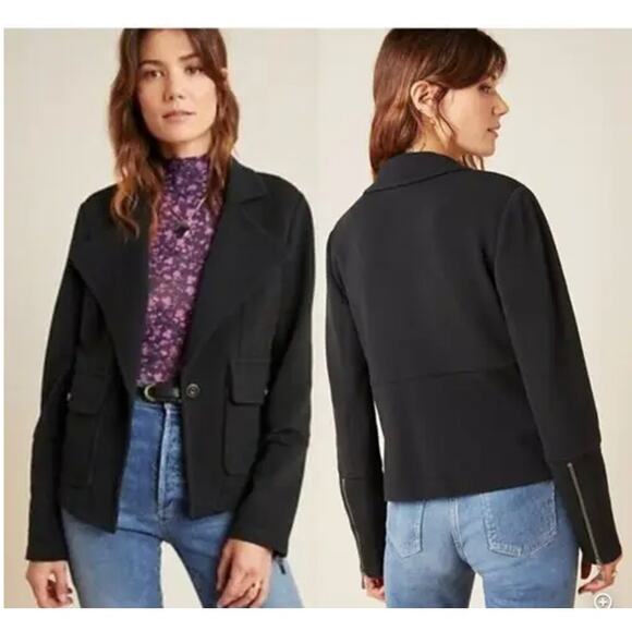 ANTHROPOLOGIE Sylvia Black Ponte Knit Zip Sleeve Moto Blazer Jacket // XS - Picture 2 of 11